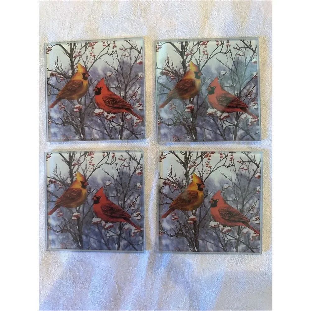 Glass Cardinal Coasters Vintage - Red & Yellow Set of 4